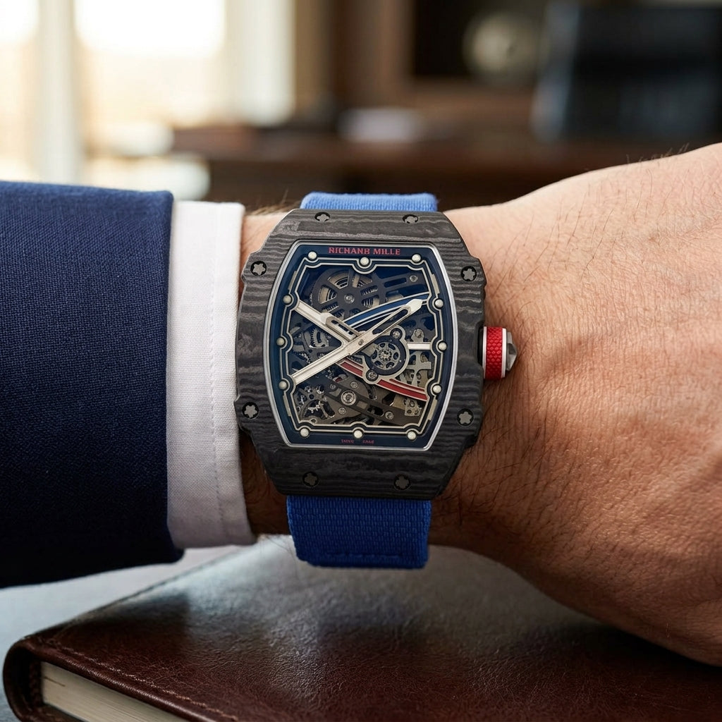 Black carbon tonneau watch with a red crown on a blue textile strap, worn on the wrist below a navy suit cuff