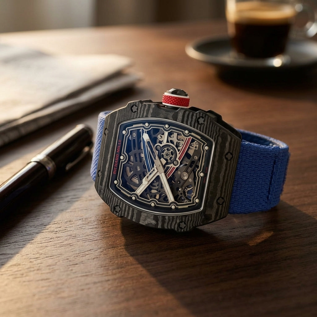 Ultra-thin black carbon skeleton tonneau watch with blue and red details on a dark walnut desk beside a fountain pen