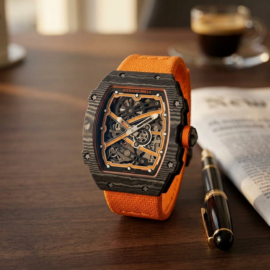 Ultra-thin black carbon skeleton tonneau watch with orange details on a dark walnut desk beside a fountain pen