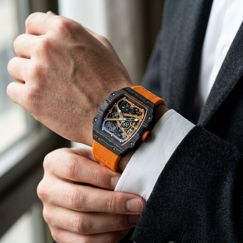 Ultra-thin black carbon skeleton tonneau watch with orange details on the wrist as a shirt cuff is fastened