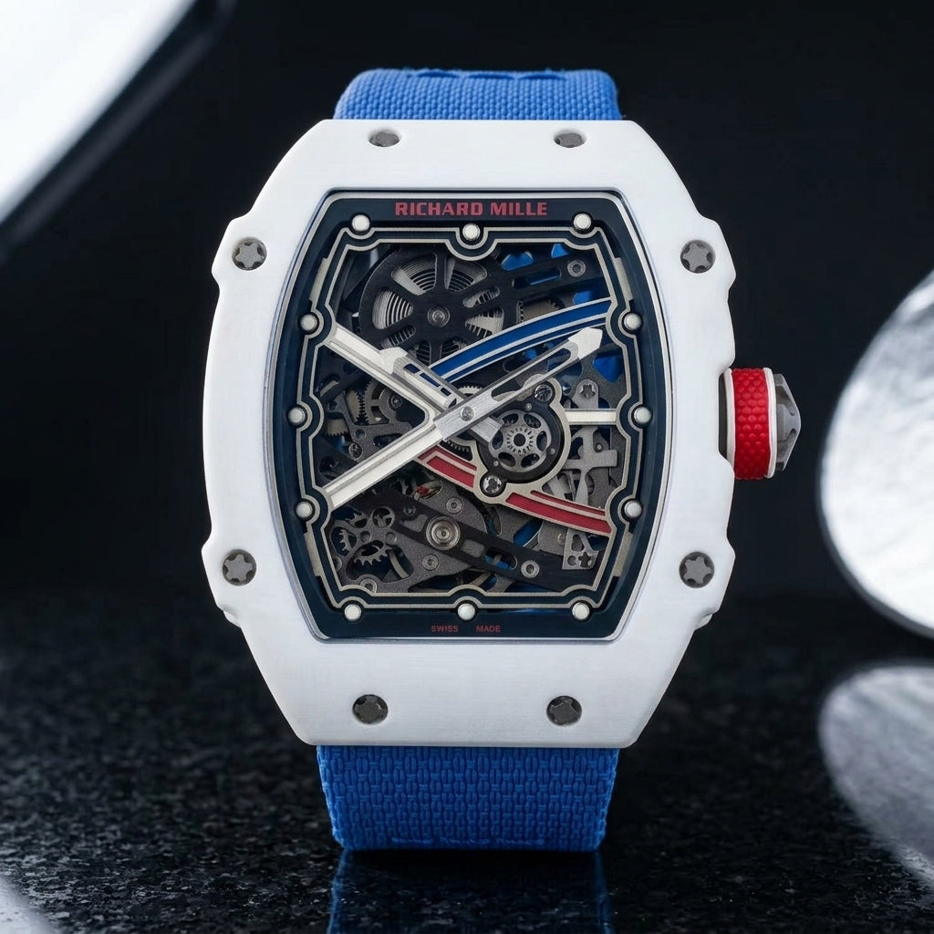 Ultra-thin white tonneau watch with a blue and red skeleton dial and a blue textile strap, upright on polished black granite