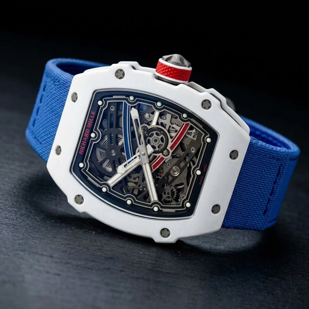 White quartz-fibre tonneau watch at a three-quarter angle on dark slate, grey star-headed screws and a red honeycomb-grip crown