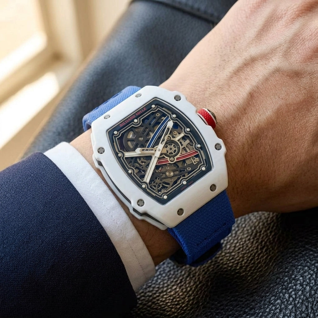 White tonneau watch with a red crown on a blue textile strap, worn on the wrist below a navy suit cuff