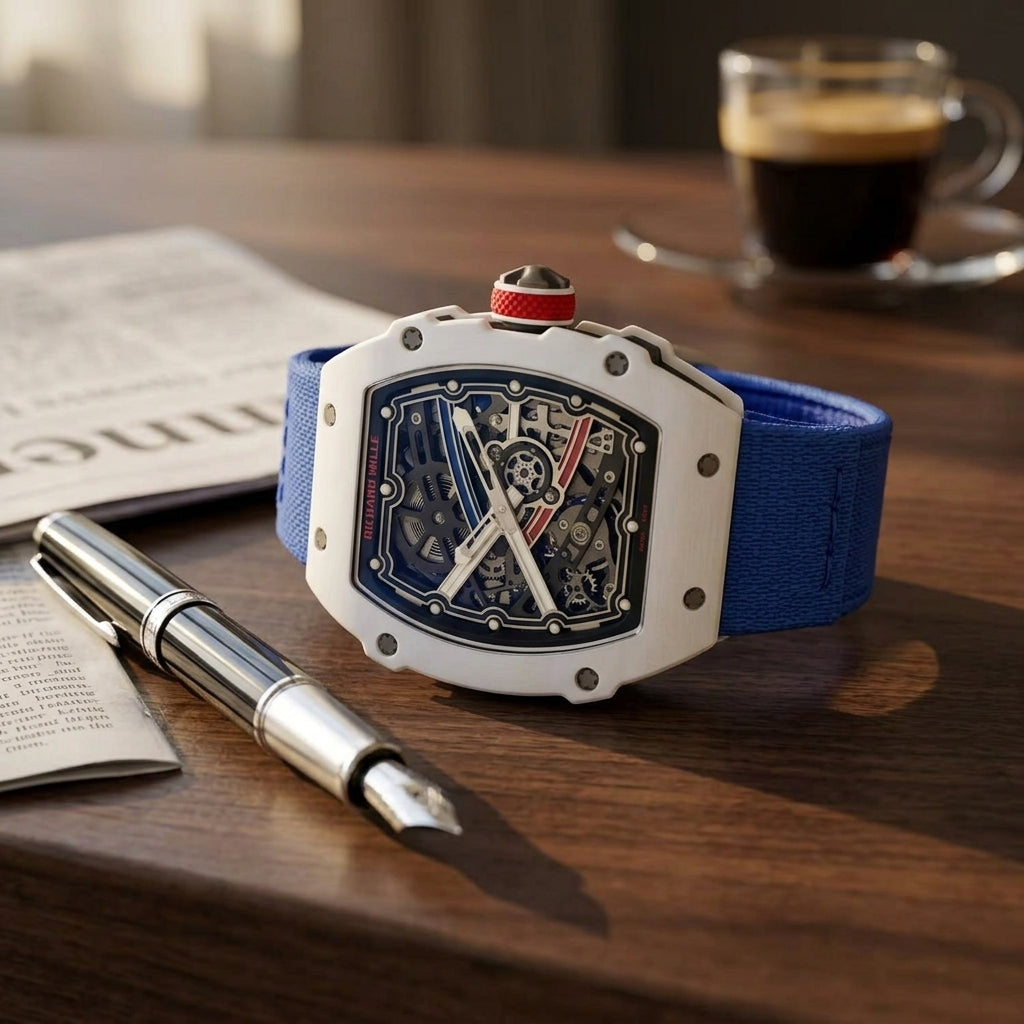 Ultra-thin white skeleton tonneau watch with blue and red details on a dark walnut desk beside a fountain pen