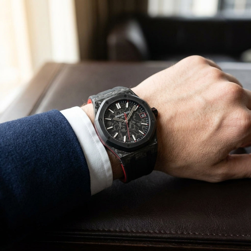 Forged carbon octagonal watch worn under a navy suit cuff