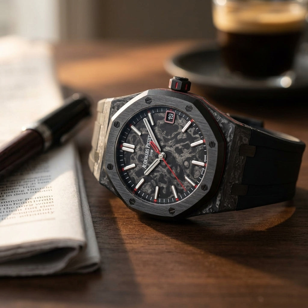 Forged carbon octagonal watch with a marbled dial and red accents on a dark walnut desk beside a fountain pen