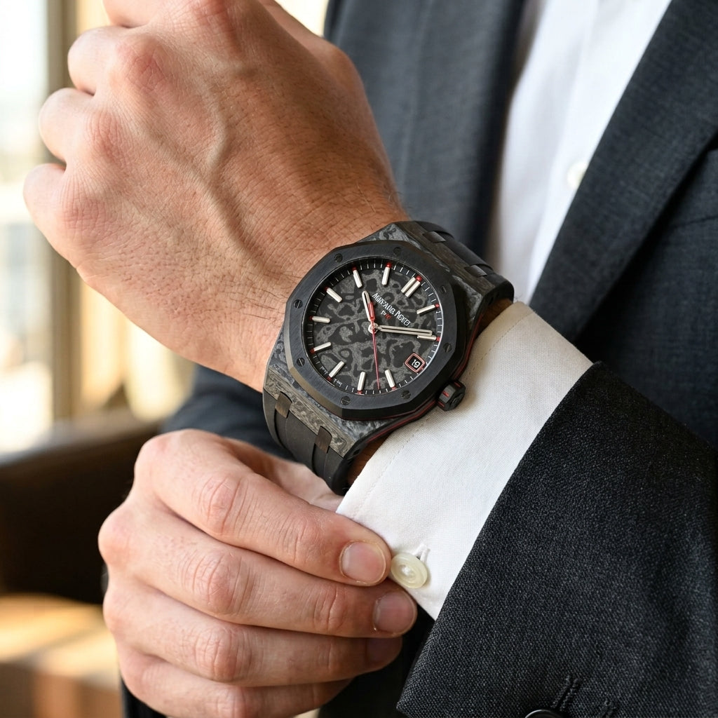 Forged carbon octagonal watch with a marbled dial and red accents on the wrist as a shirt cuff is fastened