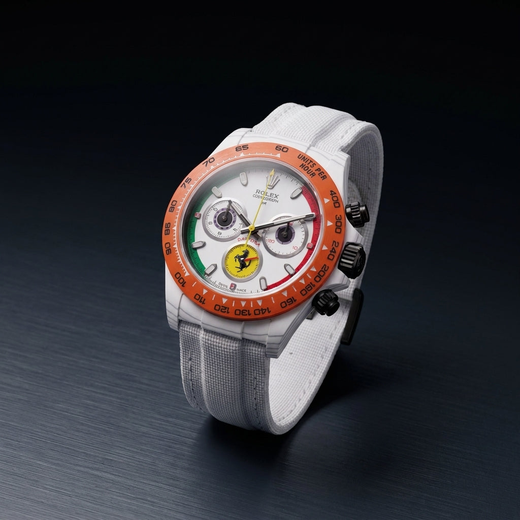 Three-quarter view showing the case profile and bracelet of the White Carbon Fibre Racing