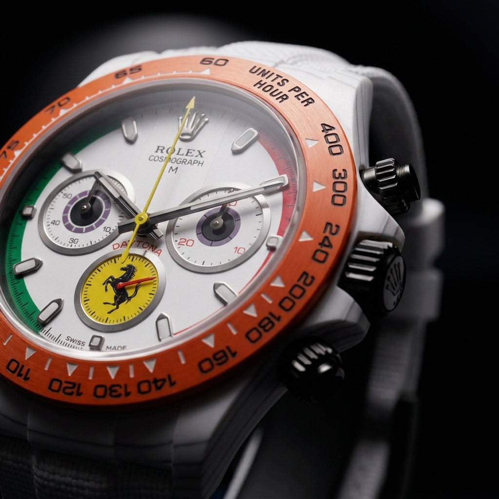 Close macro of the dial and bezel detail on the White Carbon Fibre Racing