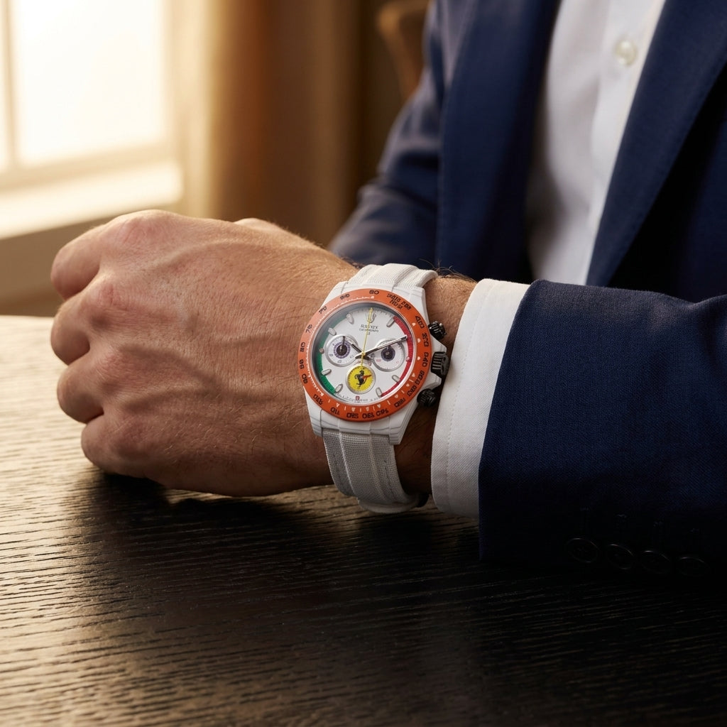 The White Carbon Fibre Racing worn on the wrist beneath a tailored shirt cuff