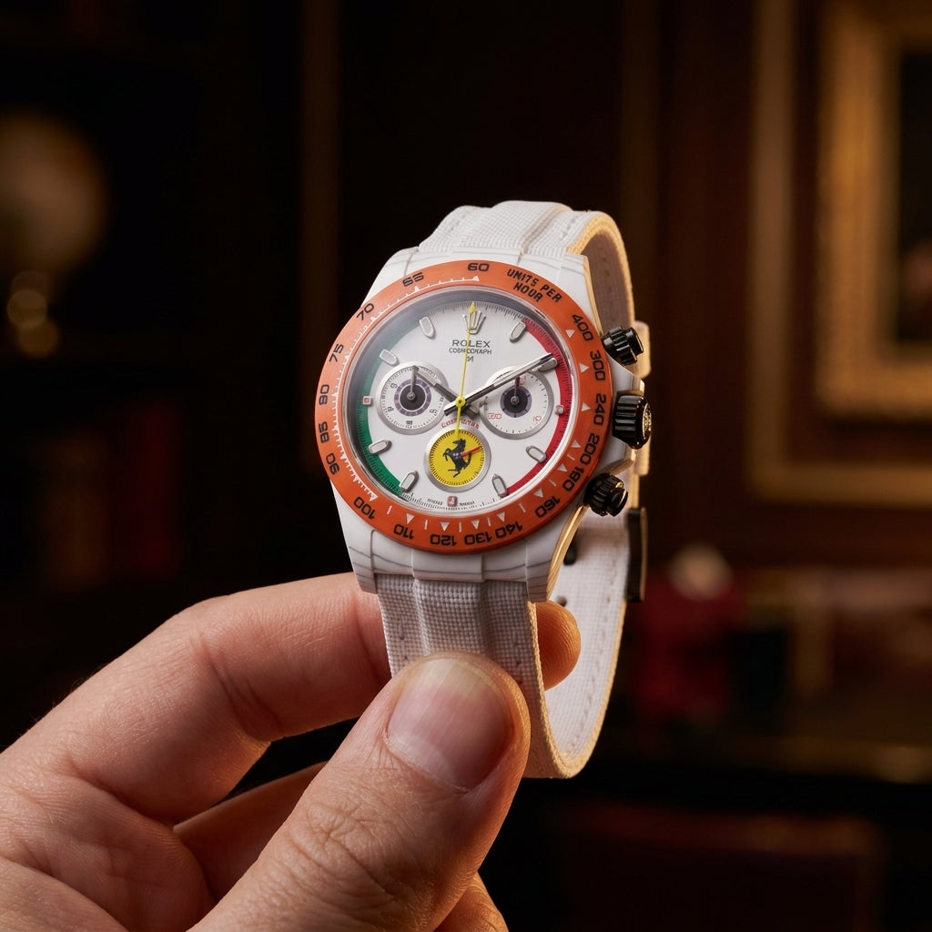 White dial with orange tachymeter bezel and racing tricolour registers