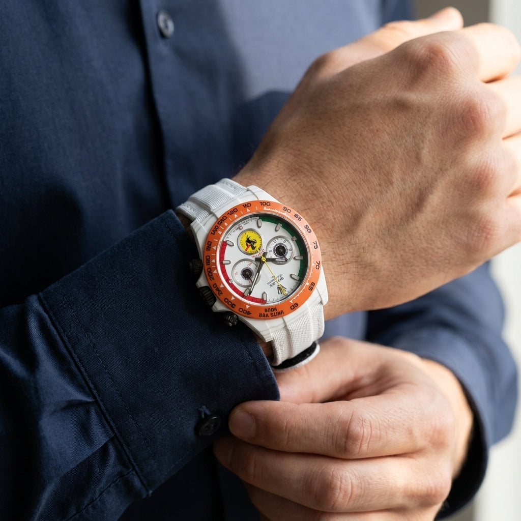 White Carbon Fibre Racing Chronograph — 40mm Automatic, 50 G — editorial photograph