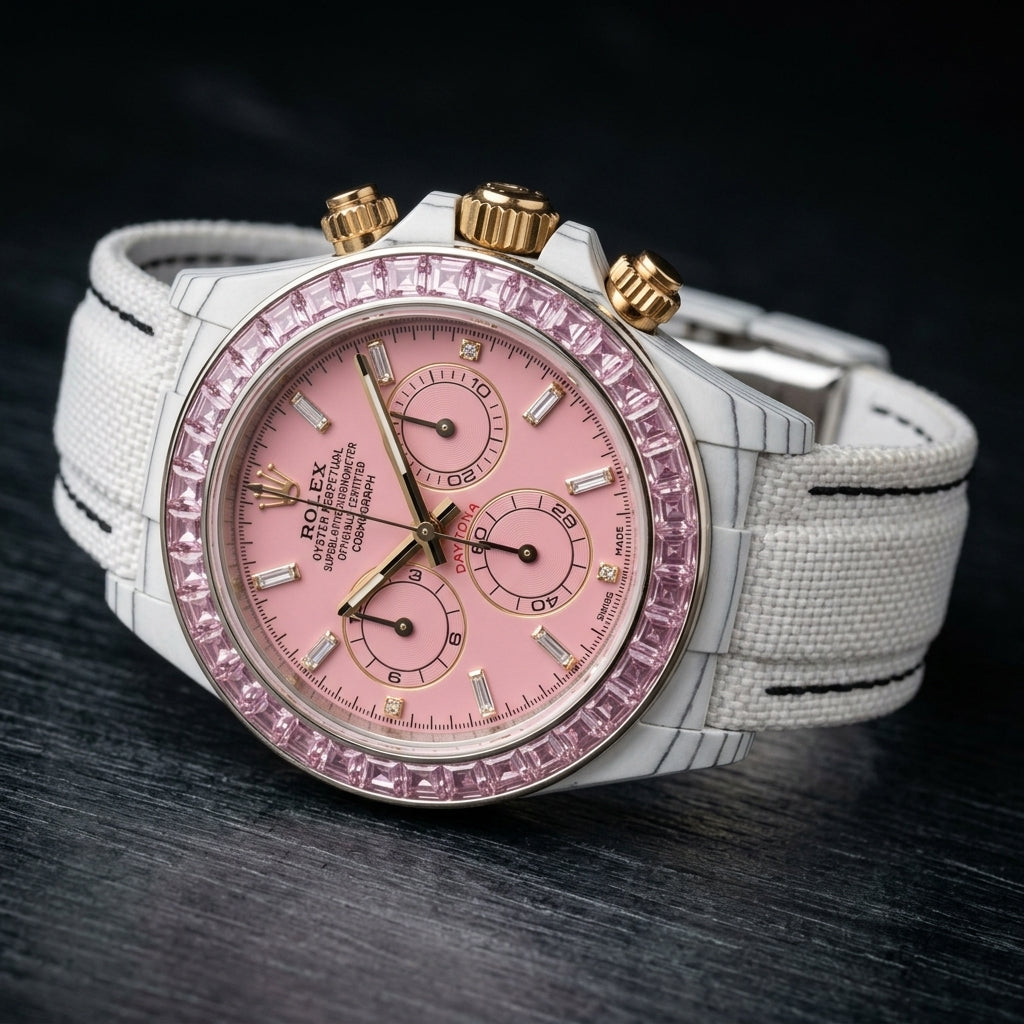 White carbon chronograph at a three-quarter angle on dark slate, grey layer lines along its flank and gold pushers beside the pink stones