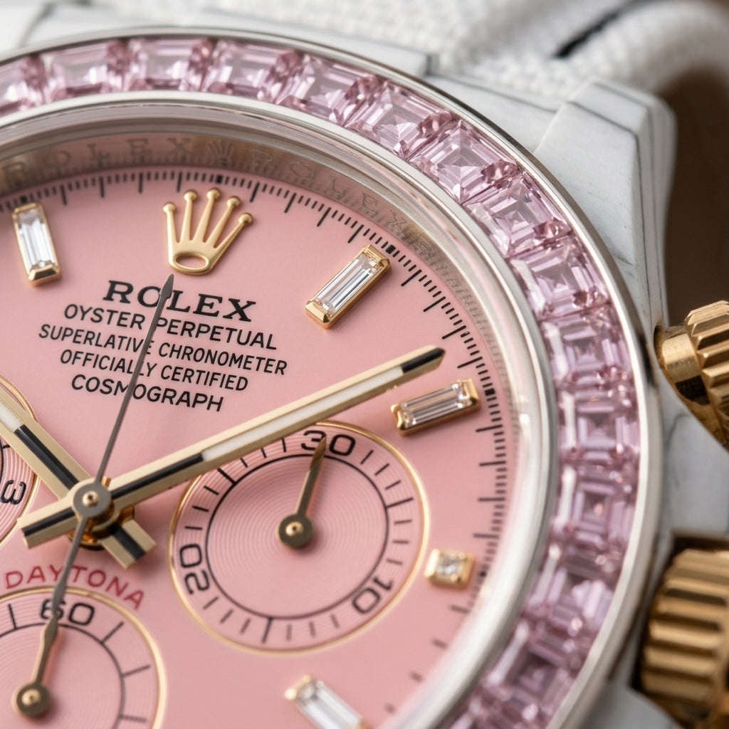 Macro of the pink dial with clear baguette markers and pink counters inside the pale pink stone bezel