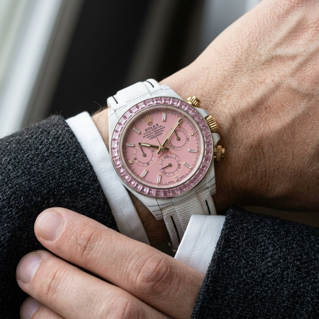White carbon chronograph with a pale pink stone bezel and a pink dial on the wrist as a shirt cuff is fastened