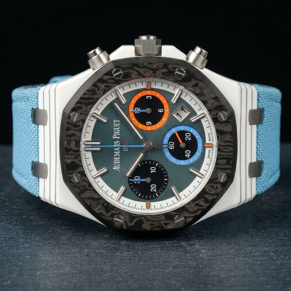 White and carbon racing chronograph at a three-quarter angle