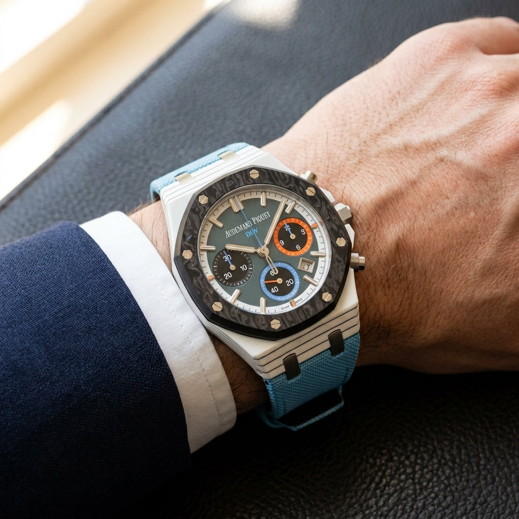 White quartz-fibre chronograph on a light blue fabric strap