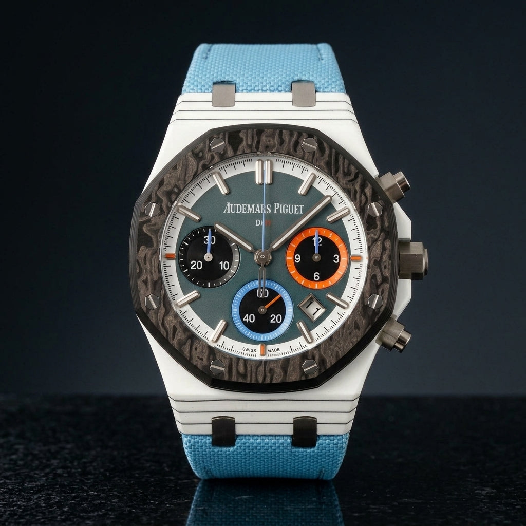 White quartz-fibre chronograph on a light blue fabric strap