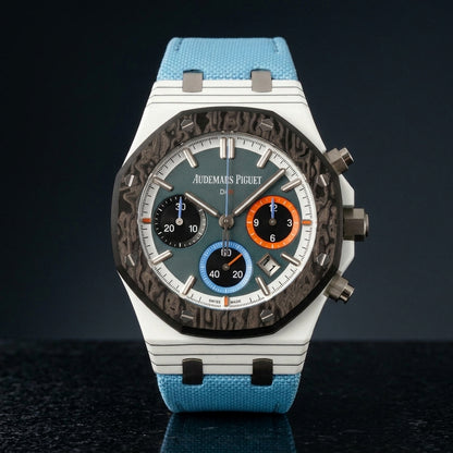 White quartz-fibre chronograph on a light blue fabric strap
