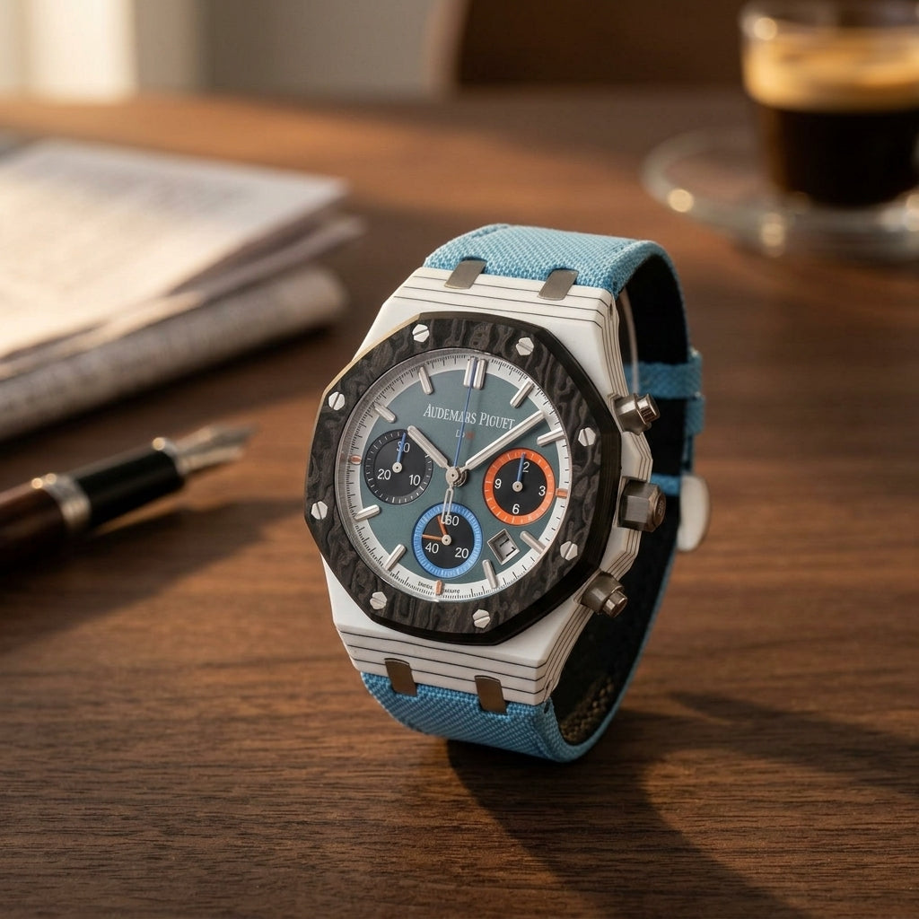 White quartz-fibre racing chronograph with a black carbon bezel on a dark walnut desk beside a fountain pen