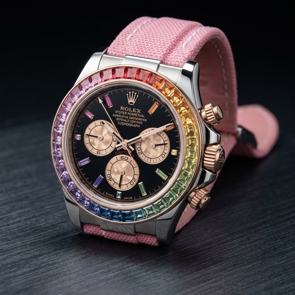 White-cased chronograph at a three-quarter angle on dark slate, rose-gold crown and pushers beside the rainbow stones