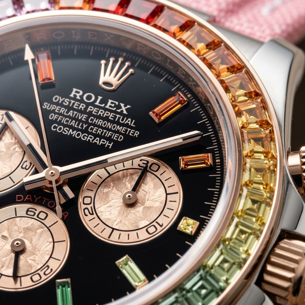 Macro of the black dial with coloured baguette hour markers and rose-gold textured counters inside the rainbow bezel