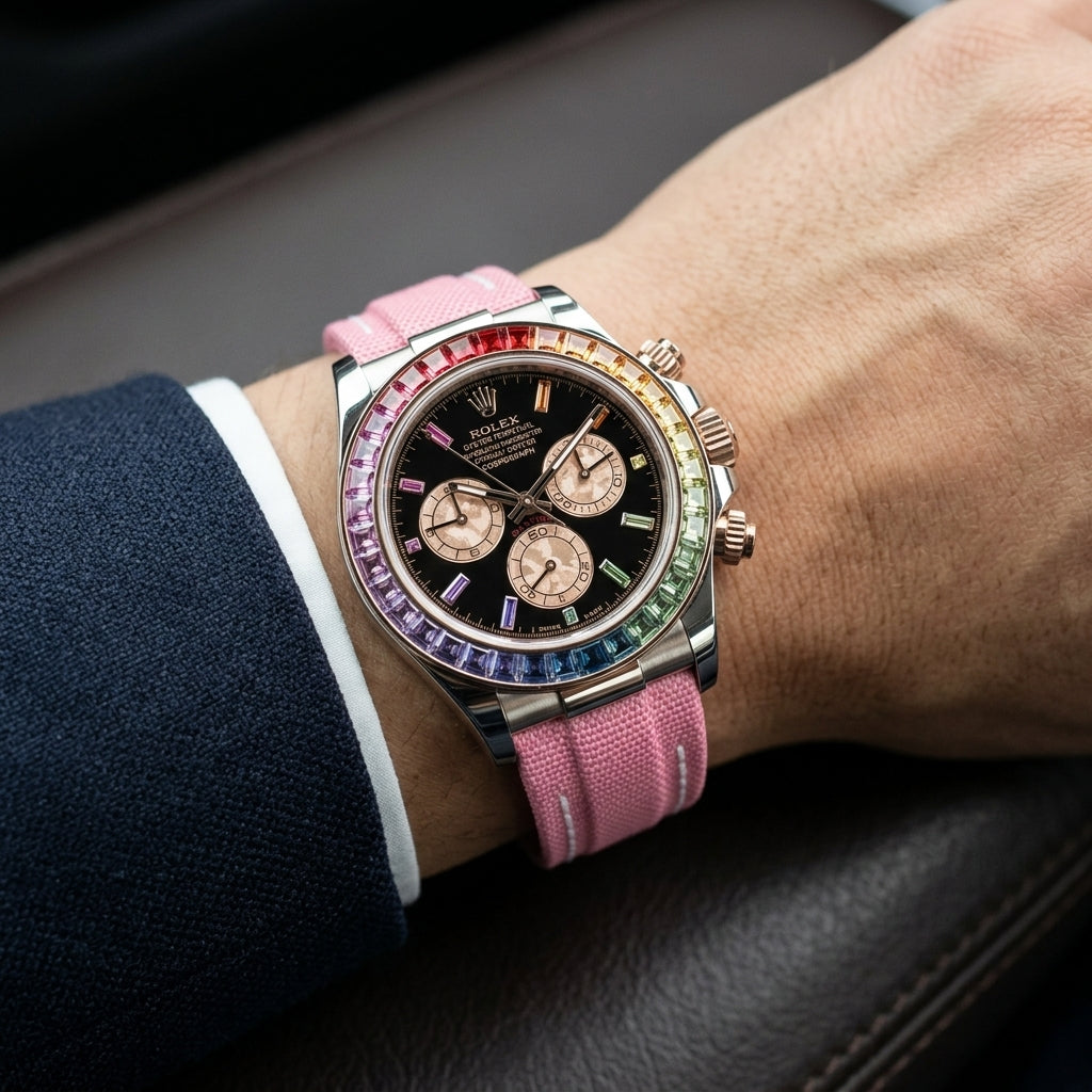 White-cased rainbow chronograph on its pink woven strap, worn on the wrist below a navy suit cuff