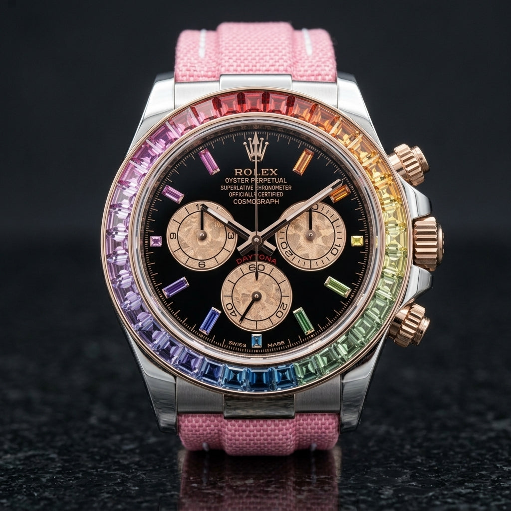 White-cased rainbow chronograph on its pink woven strap, worn on the wrist below a navy suit cuff