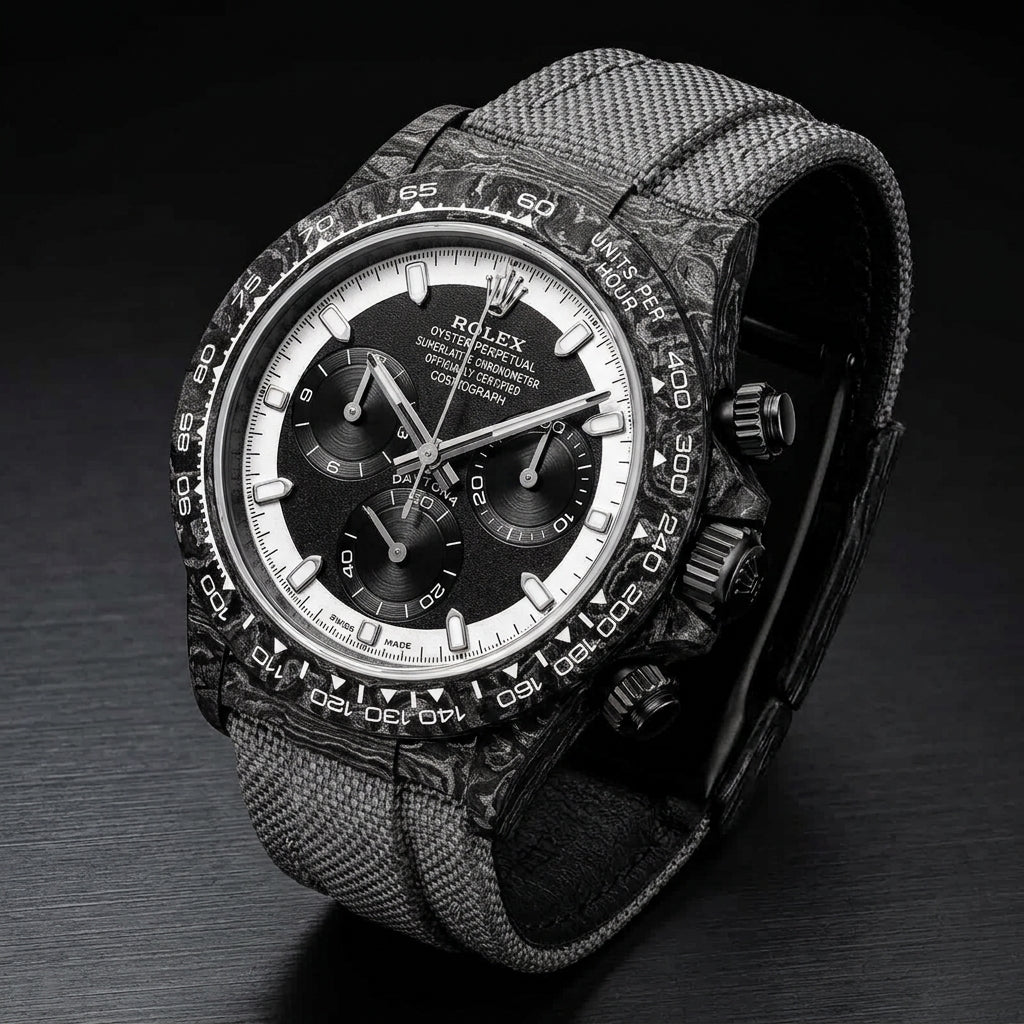 Forged-carbon chronograph at a three-quarter angle on dark slate, grey woven strap