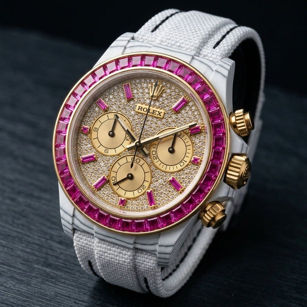 White carbon chronograph at a three-quarter angle on dark slate, grey layer lines along its flank and gold pushers beside the fuchsia stones