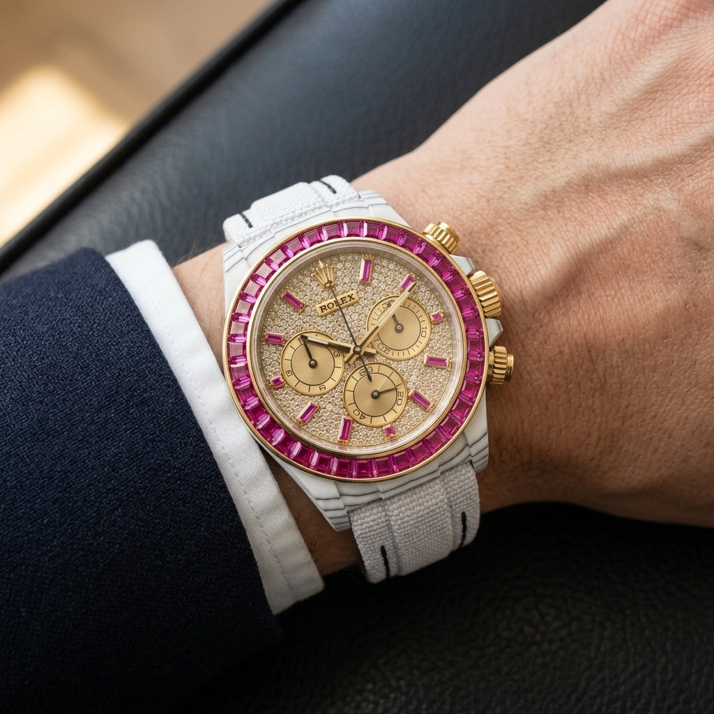 White carbon chronograph with a fuchsia stone bezel on its white woven strap, worn on the wrist below a cream sleeve