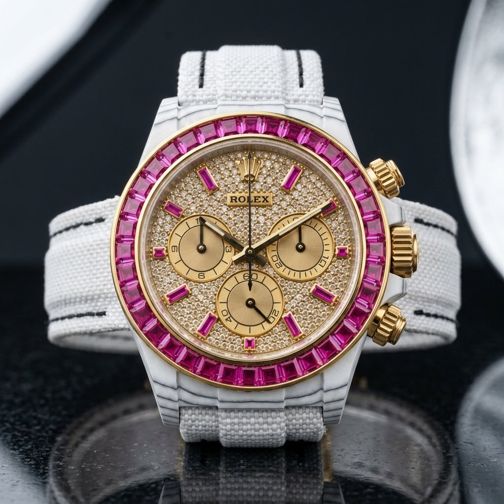 White carbon chronograph with a fuchsia stone bezel on its white woven strap, worn on the wrist below a cream sleeve