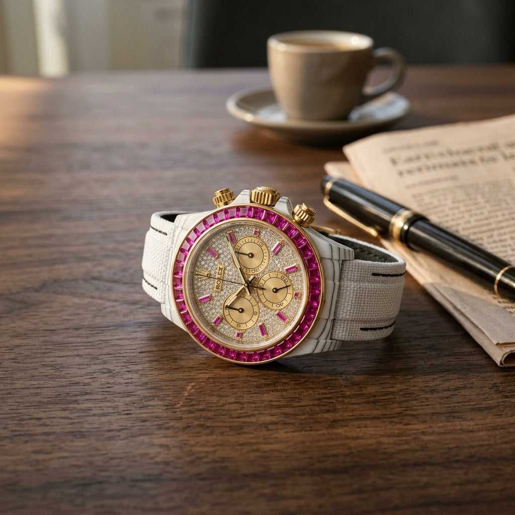 White carbon chronograph with a fuchsia stone bezel and a paved gold dial on a dark walnut desk beside a fountain pen