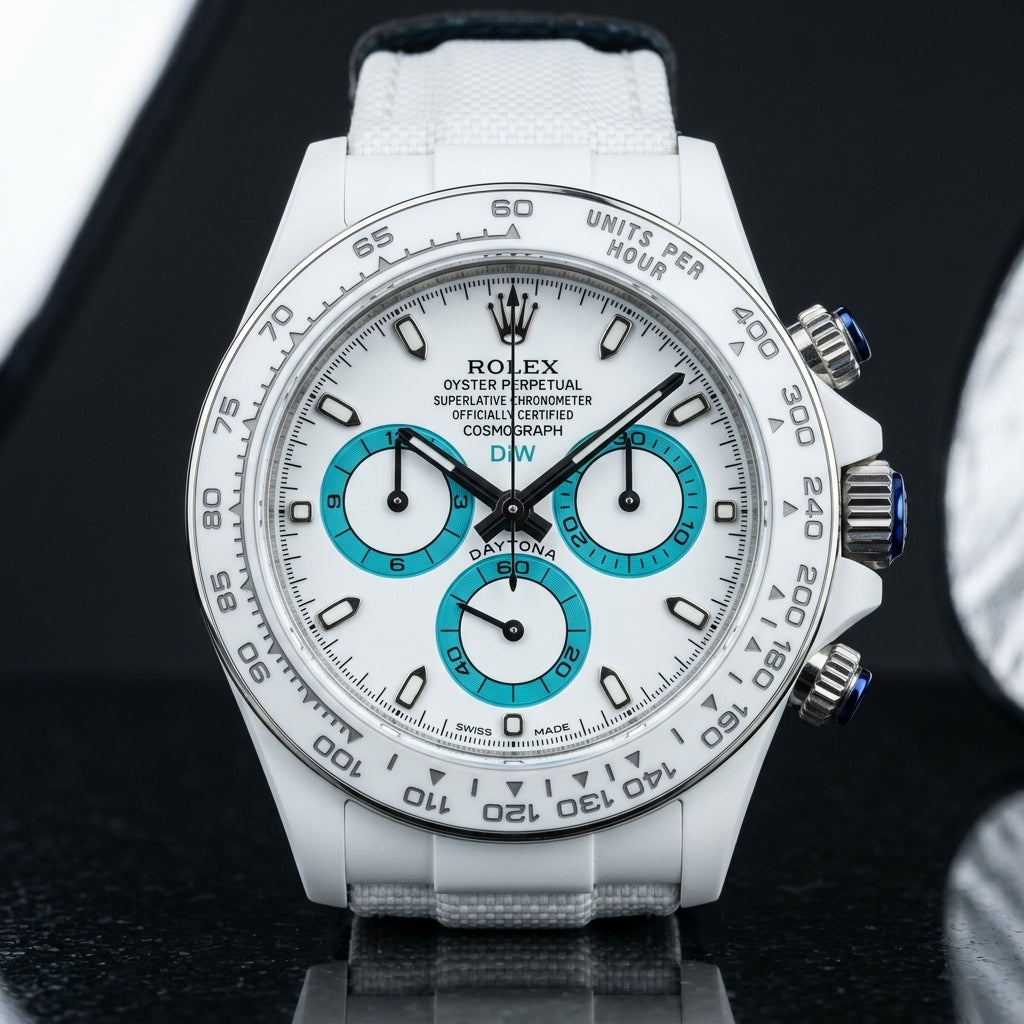 Racing Chronograph — White Ceramic, Turquoise Counters — studio photograph on black granite