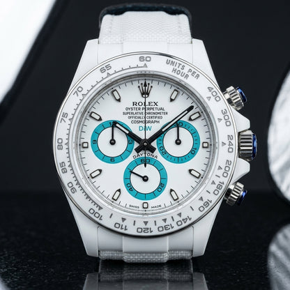 Racing Chronograph — White Ceramic, Turquoise Counters — studio photograph on black granite
