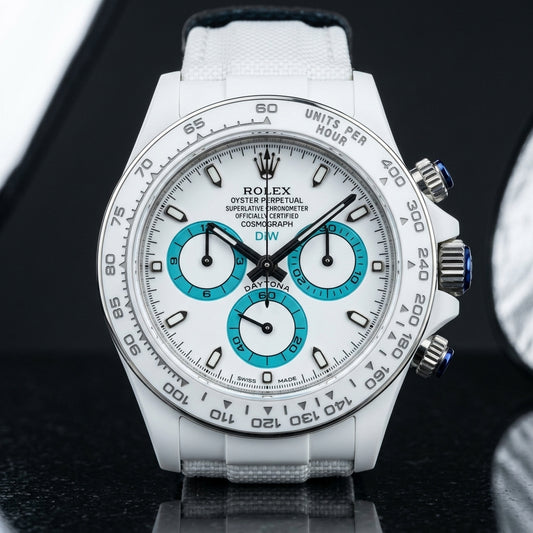 Racing Chronograph — White Ceramic, Turquoise Counters — studio photograph on black granite
