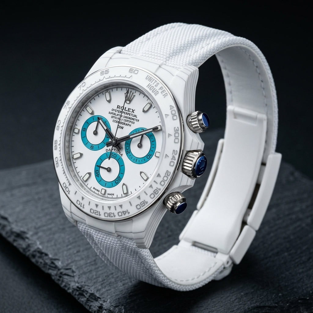 Racing Chronograph — White Ceramic, Turquoise Counters — three-quarter view showing case and bracelet profile