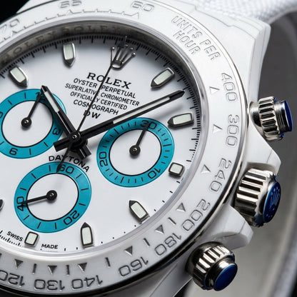 Racing Chronograph — White Ceramic, Turquoise Counters — macro of the dial and bezel detail