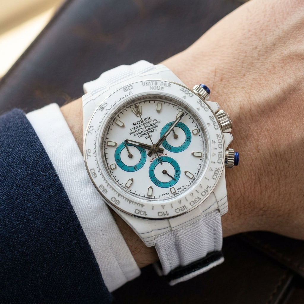 Racing Chronograph — White Ceramic, Turquoise Counters — worn on the wrist under a tailored cuff