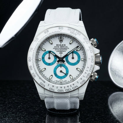 Racing Chronograph — White Ceramic, Turquoise Counters — alternate studio angle