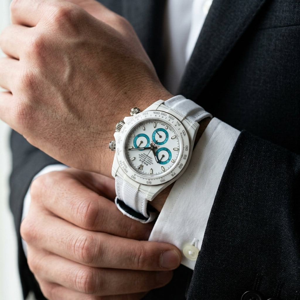 White ceramic chronograph with turquoise counters on the wrist as a shirt cuff is fastened