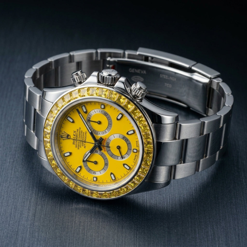 Yellow dial steel chronograph at a three-quarter angle on dark slate