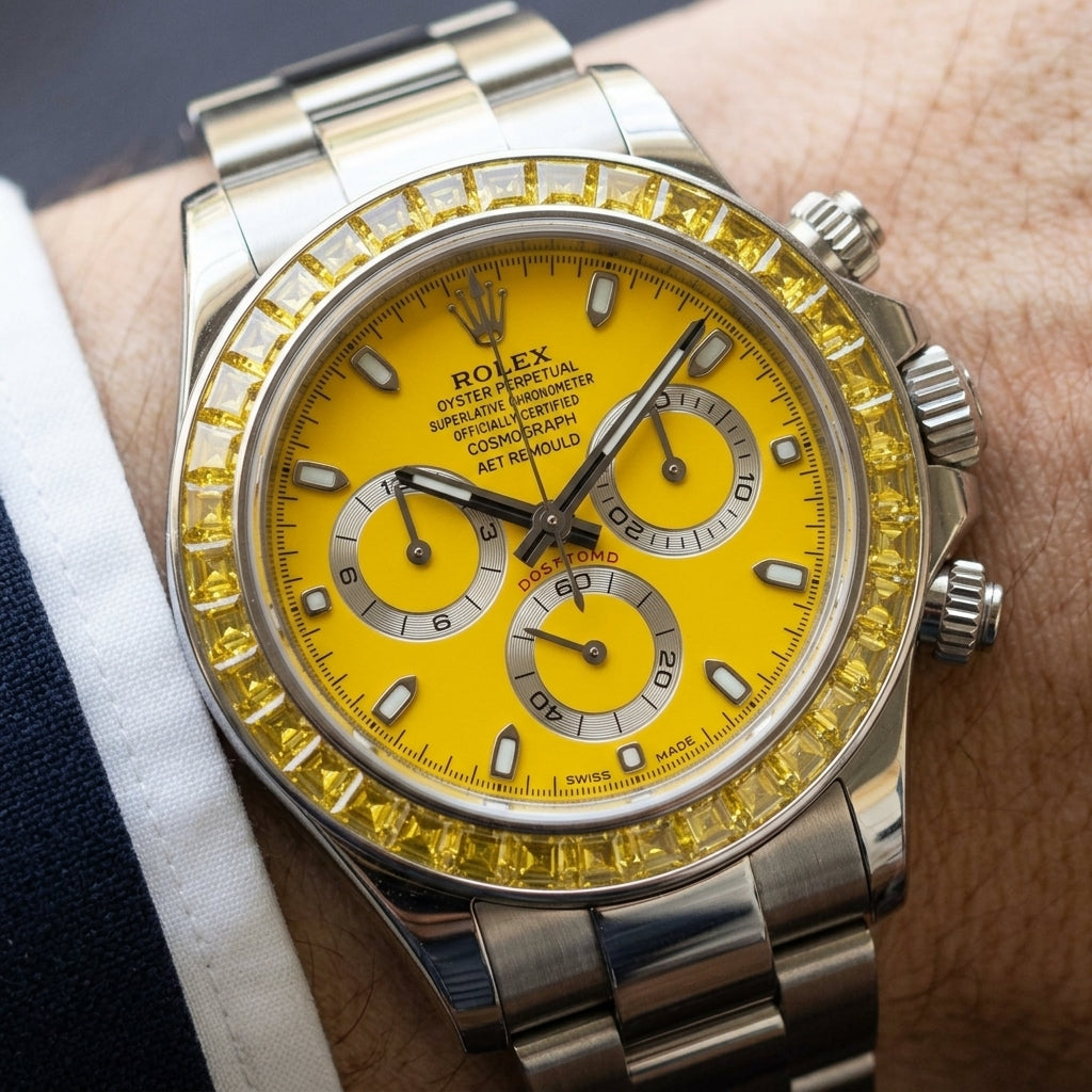 Yellow dial steel chronograph worn under a navy suit cuff