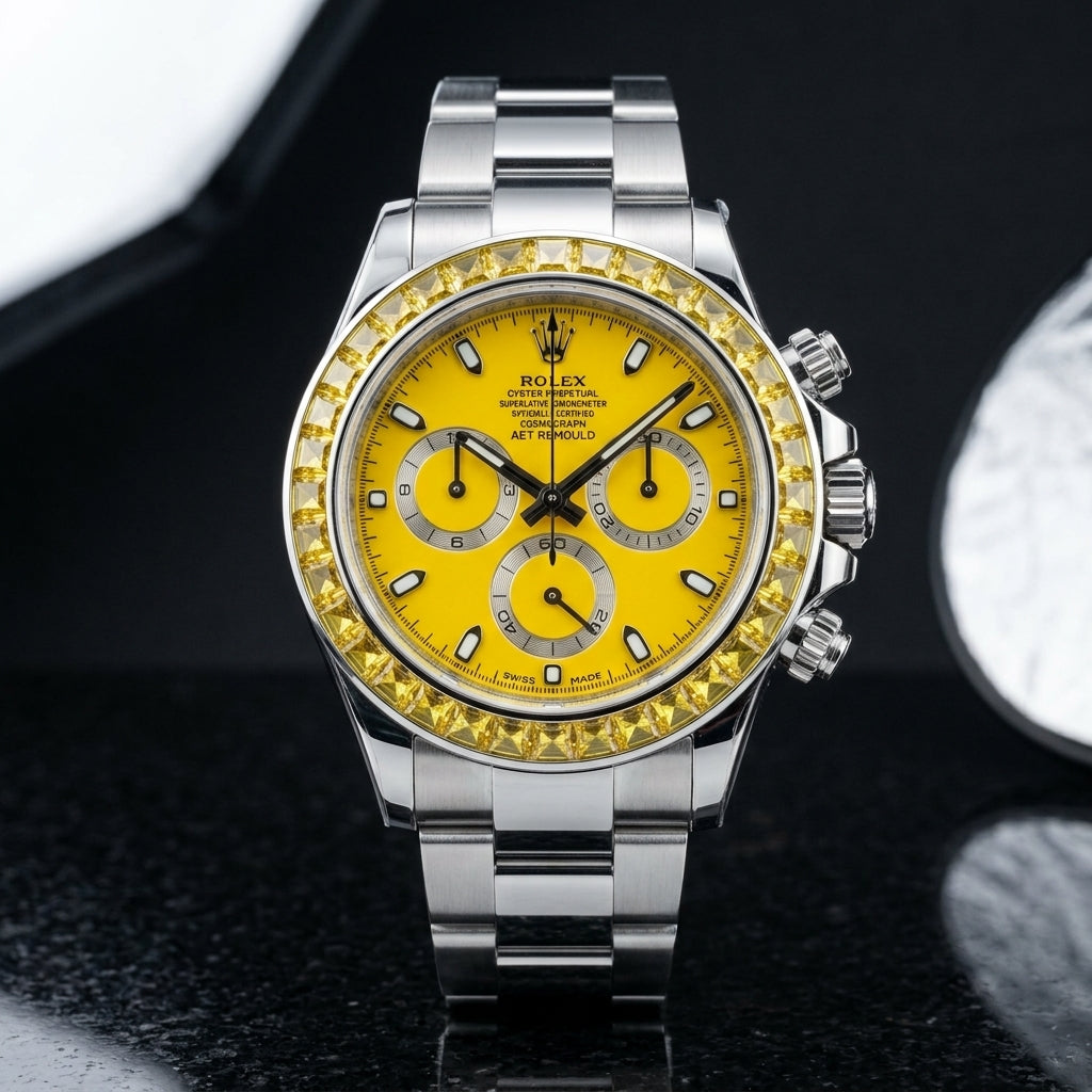Yellow dial steel chronograph worn under a navy suit cuff