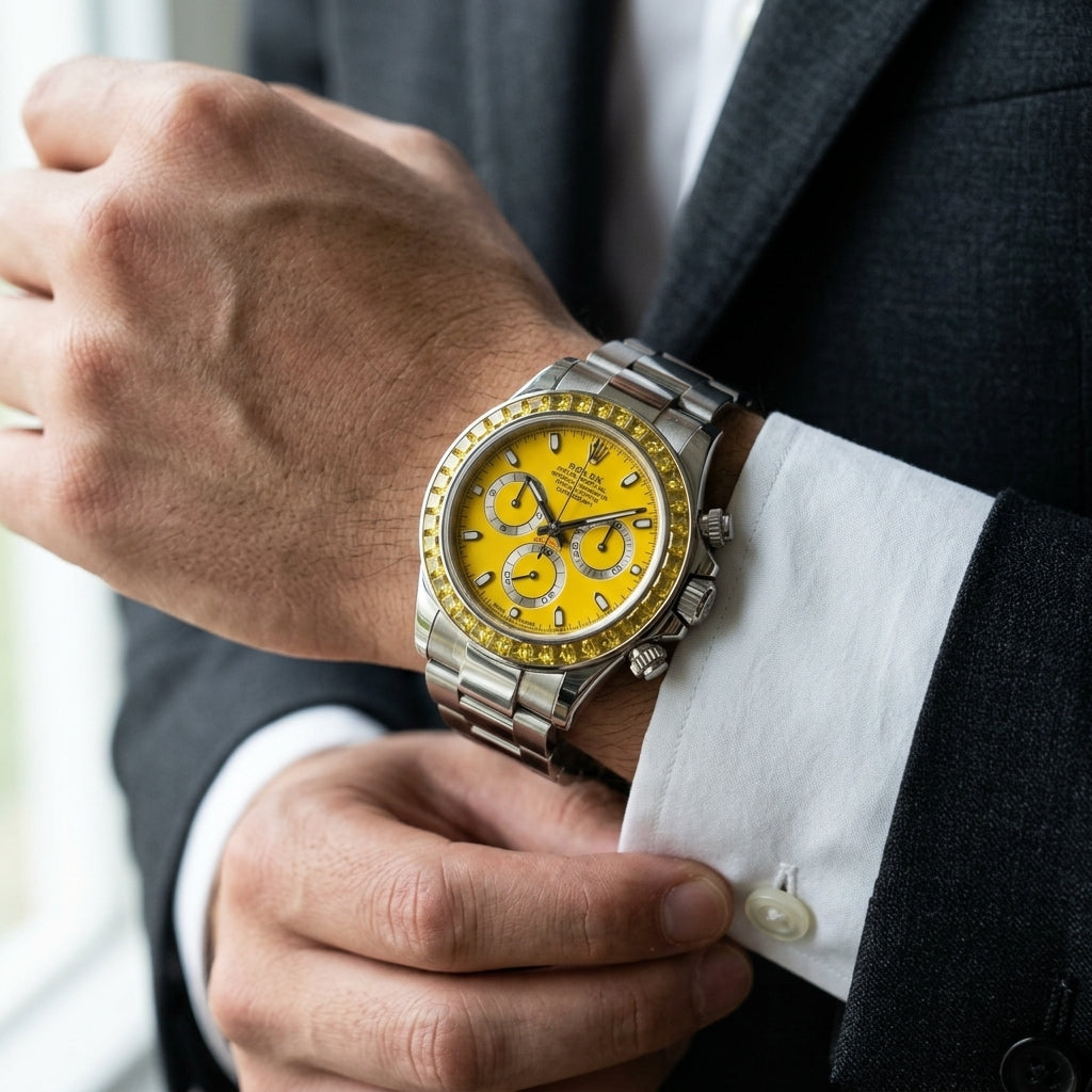 Steel chronograph with a canary yellow dial and a matched yellow stone bezel on the wrist as a shirt cuff is fastened
