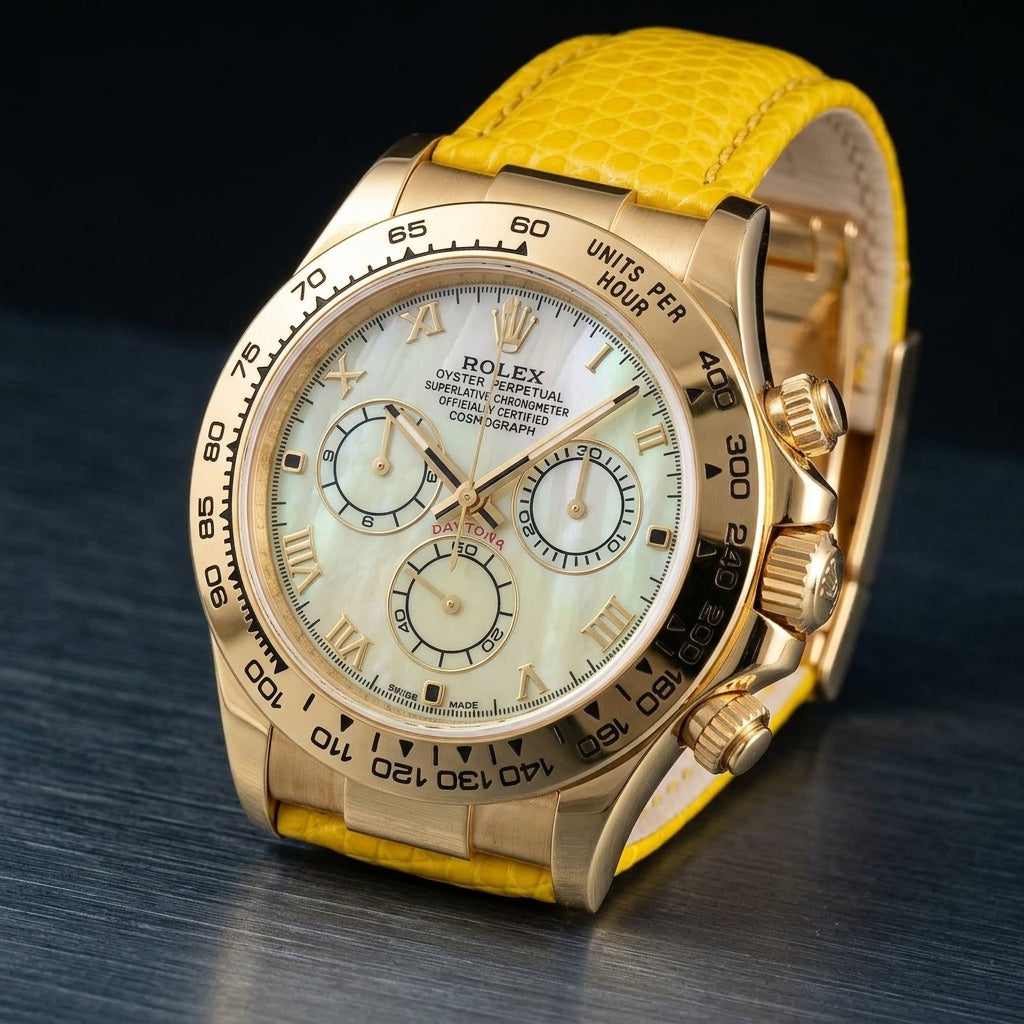 Gold-tone chronograph at a three-quarter angle on dark slate, its screw-down crown and fluted pushers beside a bright yellow lizard-grain strap
