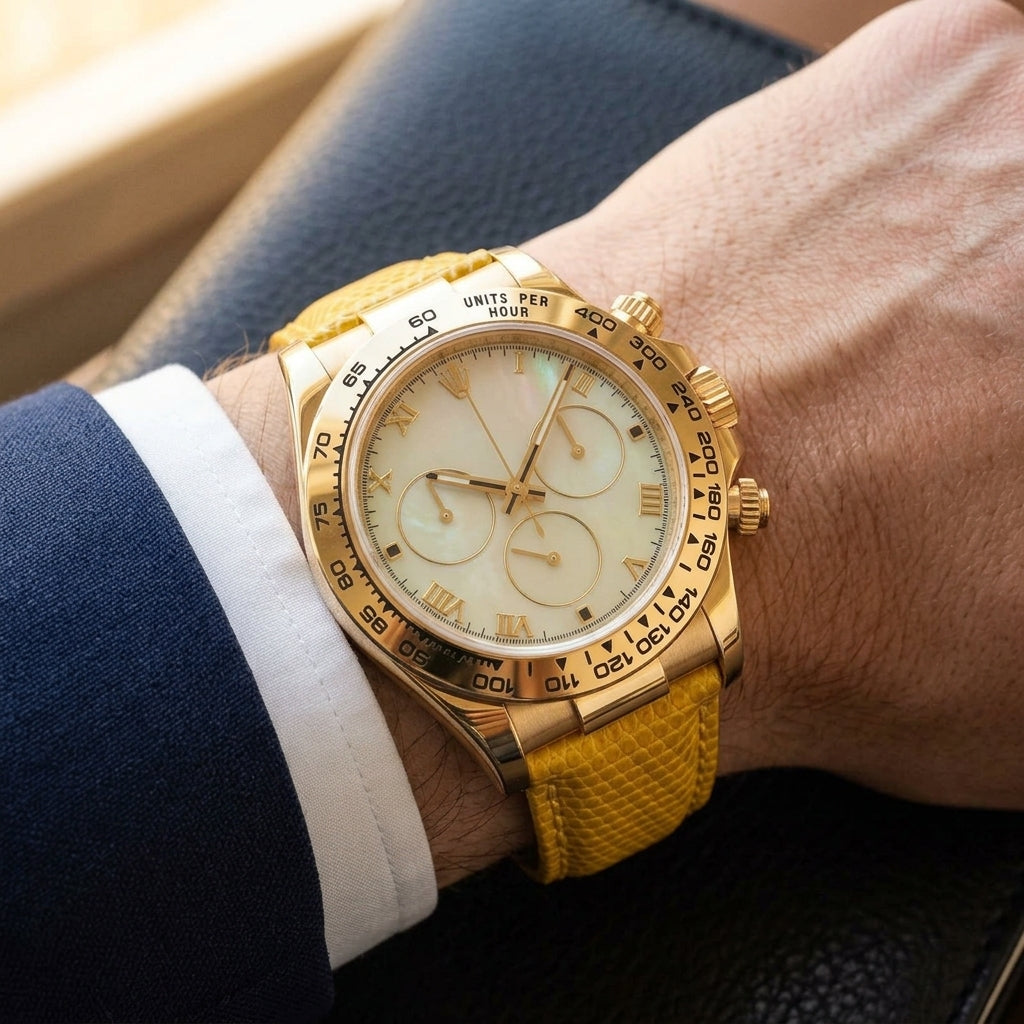 Gold-tone chronograph with a yellow mother-of-pearl dial on a bright yellow lizard-grain strap, worn on the wrist below a navy suit cuff