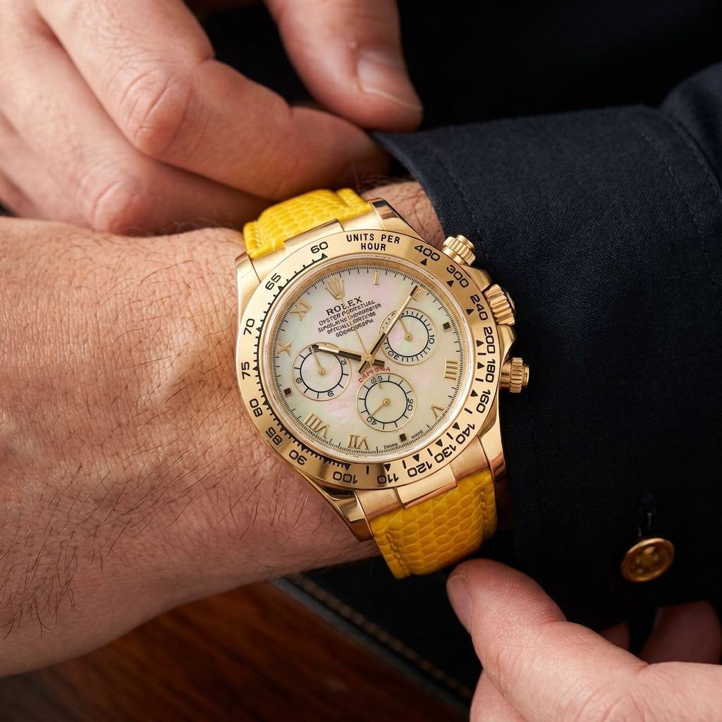 Gold-tone chronograph with a yellow mother-of-pearl dial and a tachymeter bezel on the wrist as a shirt cuff is fastened